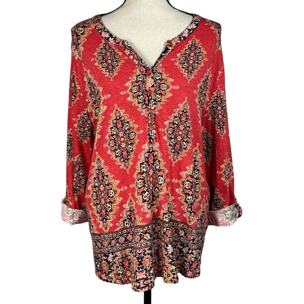 Style & Co X-Large Top Geometric Long Roll-Tab Sleeves V-Neck Stretch Pink Multi